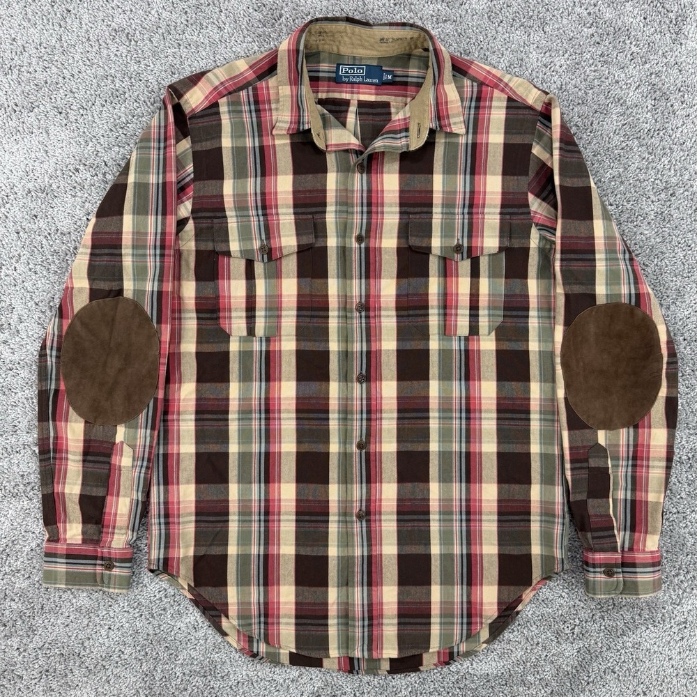 Vintage Polo Ralph Lauren Shirt Men's M Plaid Elbow Patch Chest Pockets Field